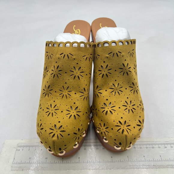 FOWT Khaki Studded Round Toe Floral Cut Out Platform Mules Chunky Heel Sandals - Picture 3 of 8